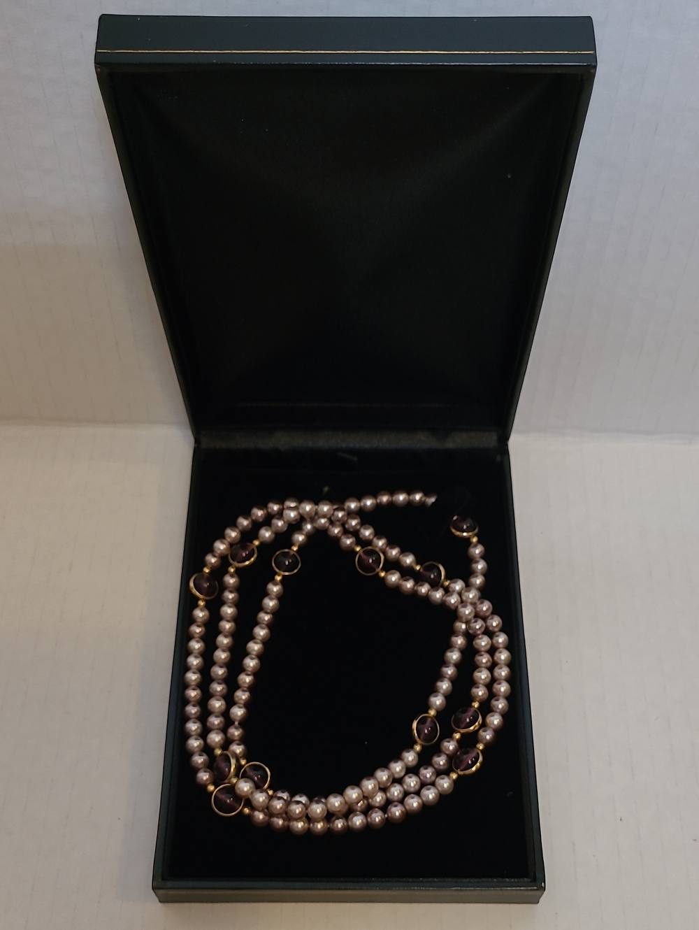 Vintage Pink Pearl Multi-Strand Necklace with Gold Accents and Purple Stones